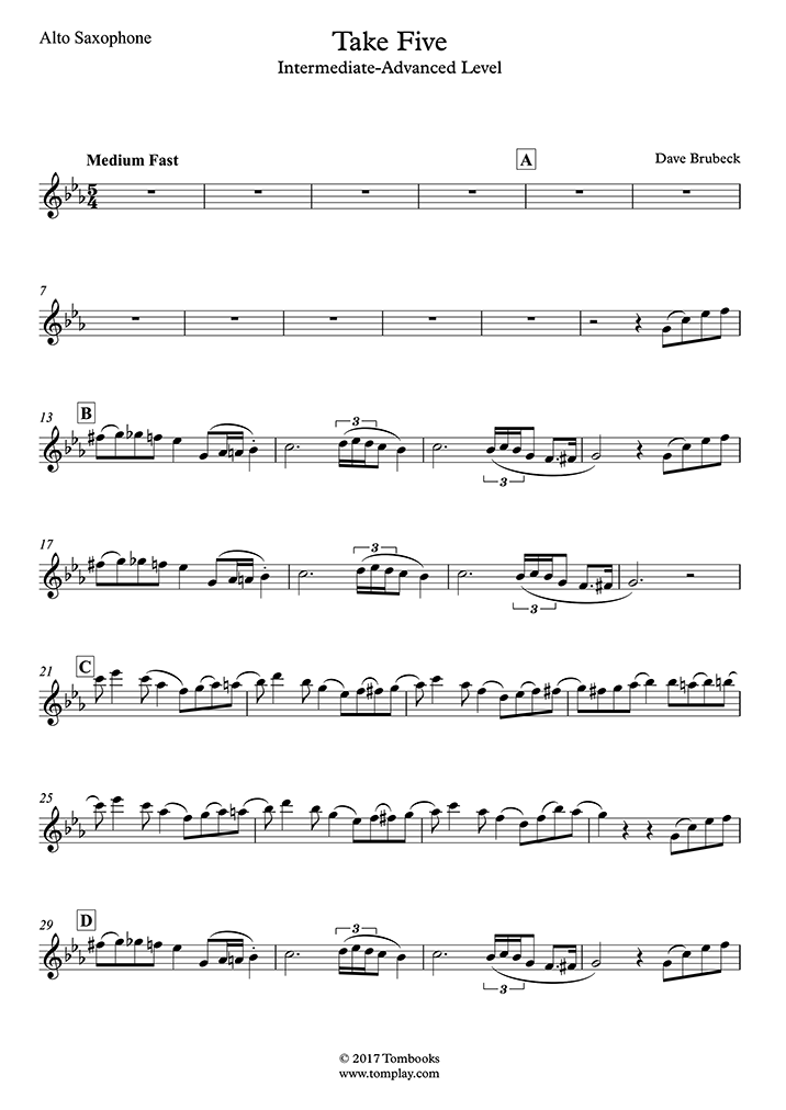 Saxophone Sheet Music Take Five Intermediateadvanced Level Alto Sax 4147